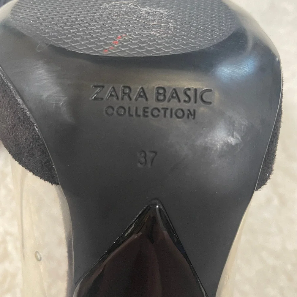 Zara Black Clear PVC Vinyl Pointed Toe Stiletto Pumps Faux Suede Glam Vamp 37